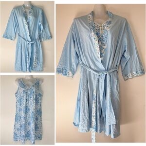 Aria Baby Blue Floral Pajama Dress and Robe Set Women size Medium 100% Cotton